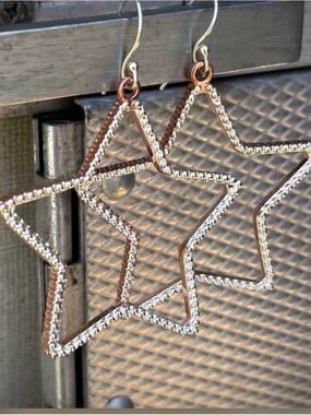 Two-Tone Star Outline Drop Earrings — Rose Gold and Silver
